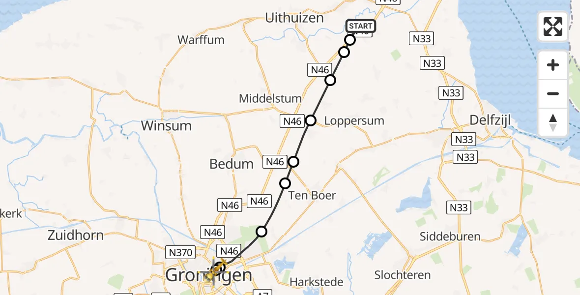 Routekaart van de vlucht: Lifeliner 4 naar Universitair Medisch Centrum Groningen