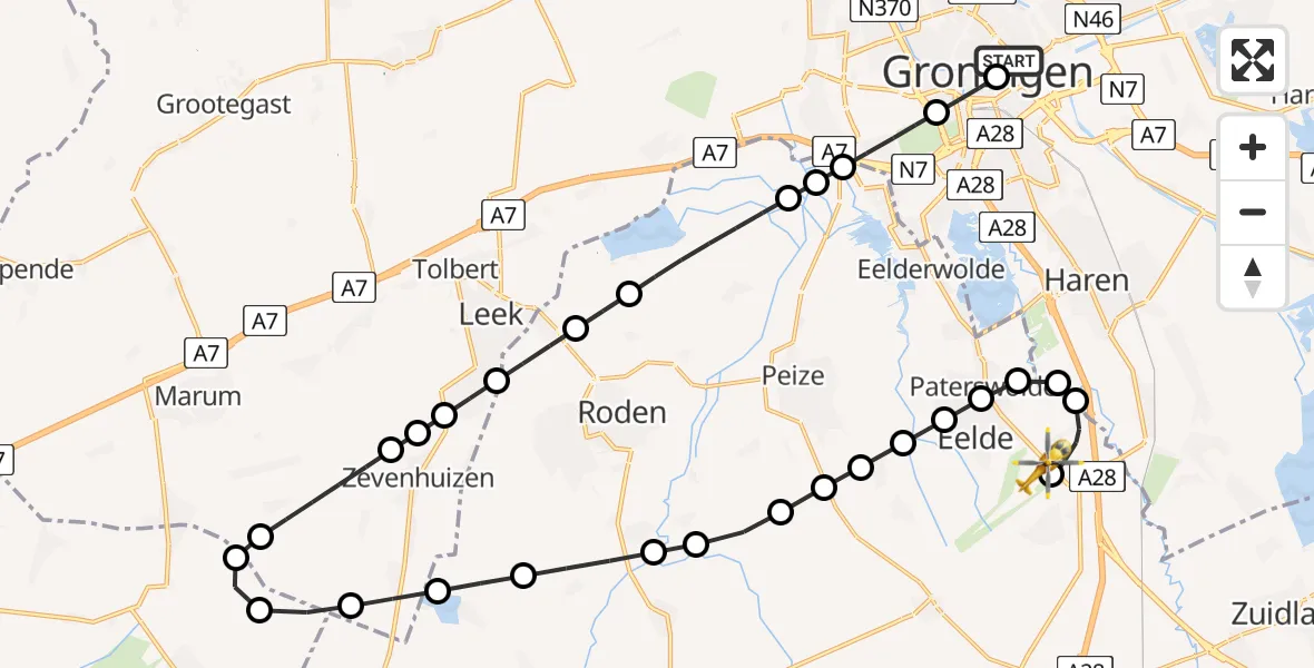 Vluchtroute Traumahelikopter van Universitair Medisch Centrum Groningen naar Groningen Airport Eelde