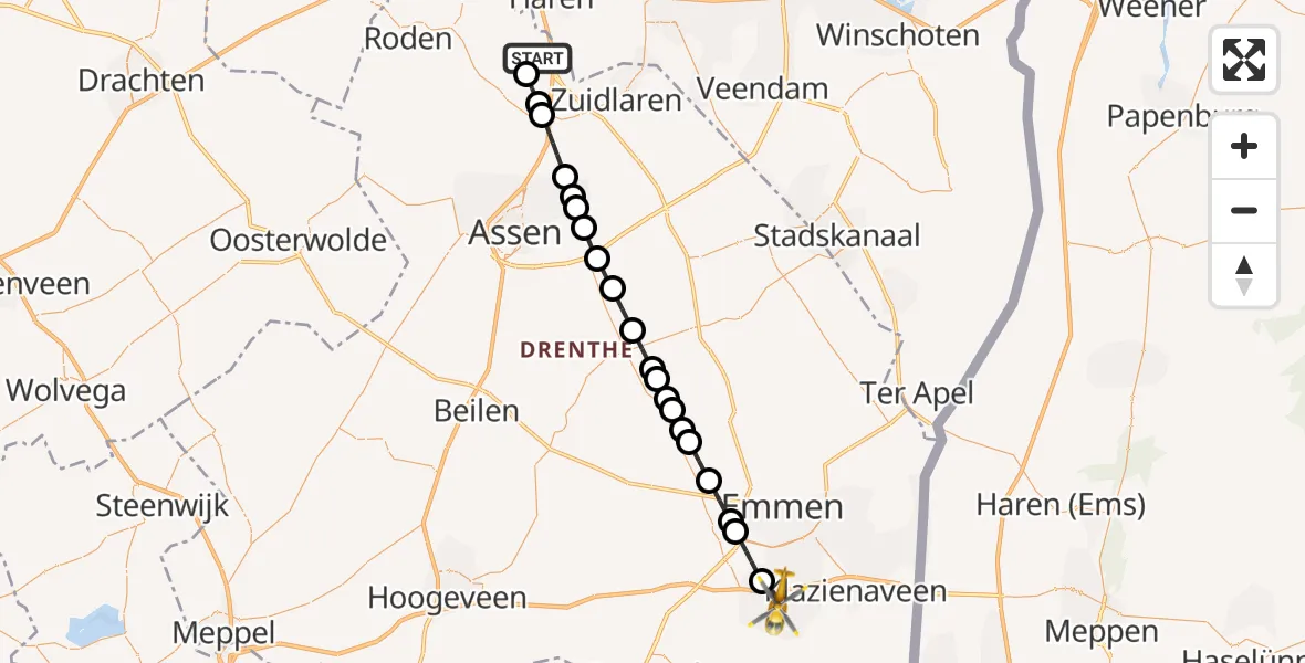 Vluchtroute Traumahelikopter van Groningen Airport Eelde naar Nieuw-Amsterdam