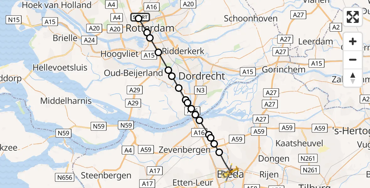 Vluchtroute Traumahelikopter van Rotterdam The Hague Airport naar Breda