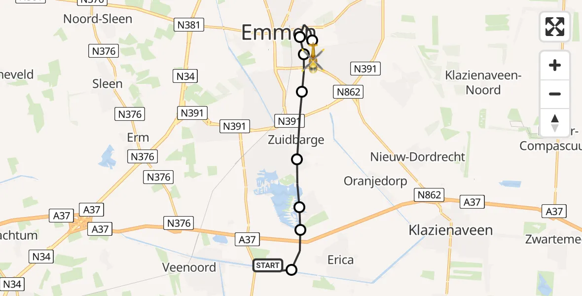 Vluchtroute Traumahelikopter van Nieuw-Amsterdam naar Scheper Ziekenhuis Helipad