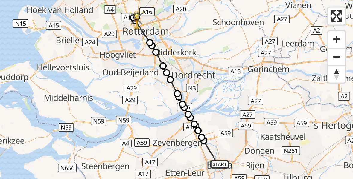 Vluchtroute Traumahelikopter van Breda naar Rotterdam The Hague Airport