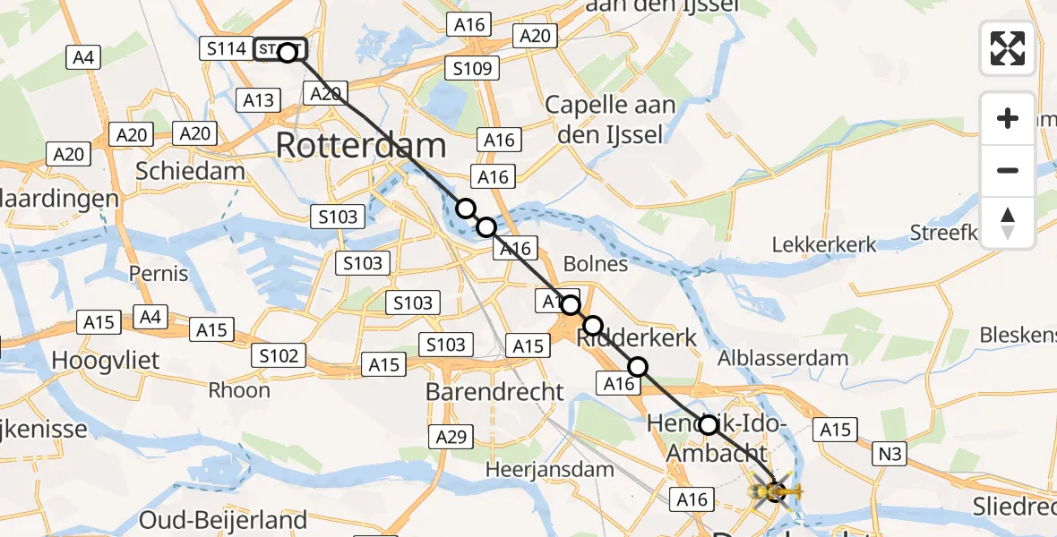 Vluchtroute Traumahelikopter van Rotterdam The Hague Airport naar Zwijndrecht