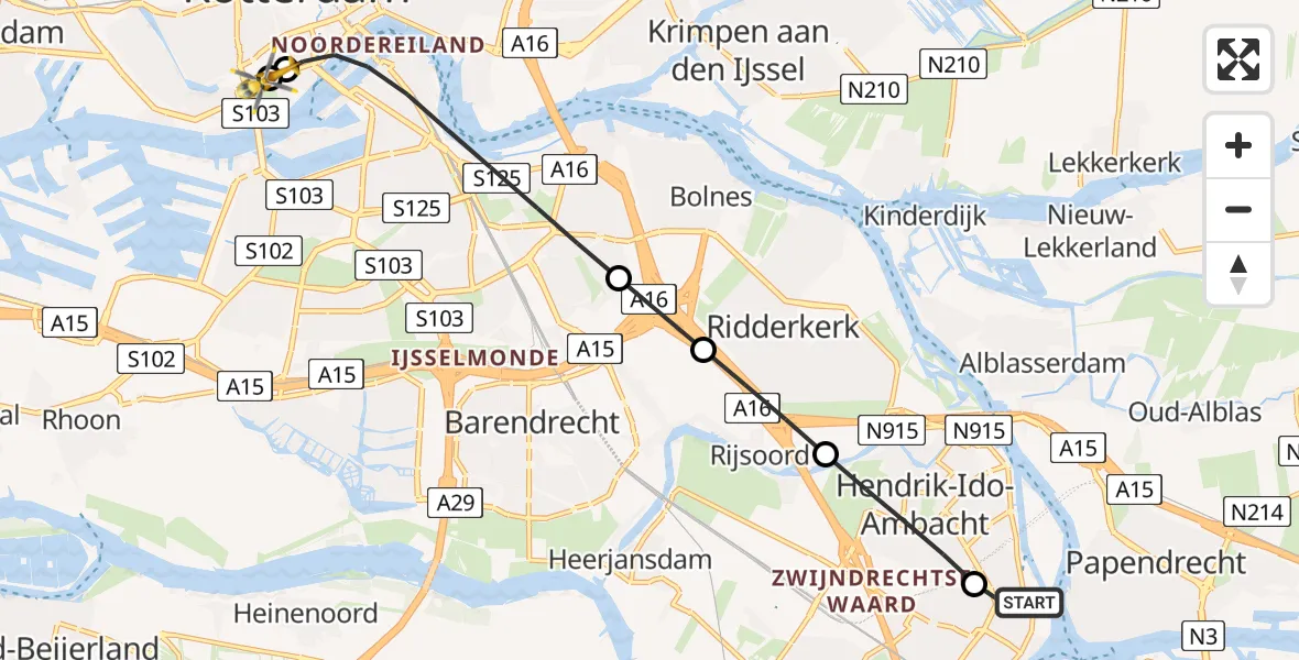Vluchtroute Traumahelikopter van Zwijndrecht naar Leids Universitair Medisch Centrum (LUMC)