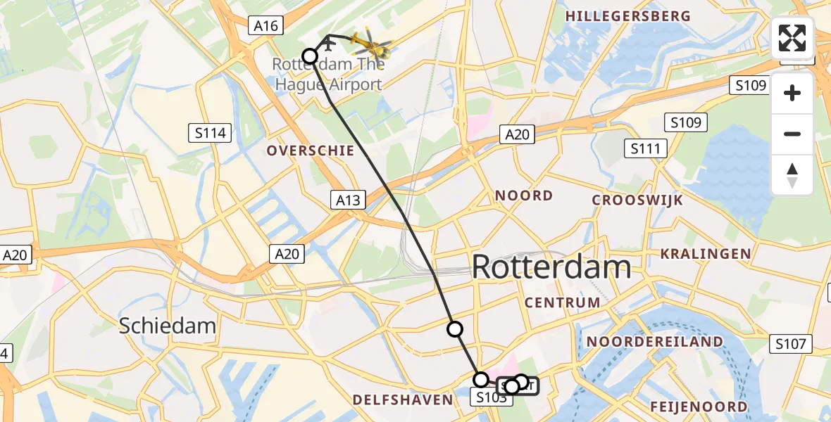 Vluchtroute Traumahelikopter van Leids Universitair Medisch Centrum (LUMC) naar Rotterdam The Hague Airport