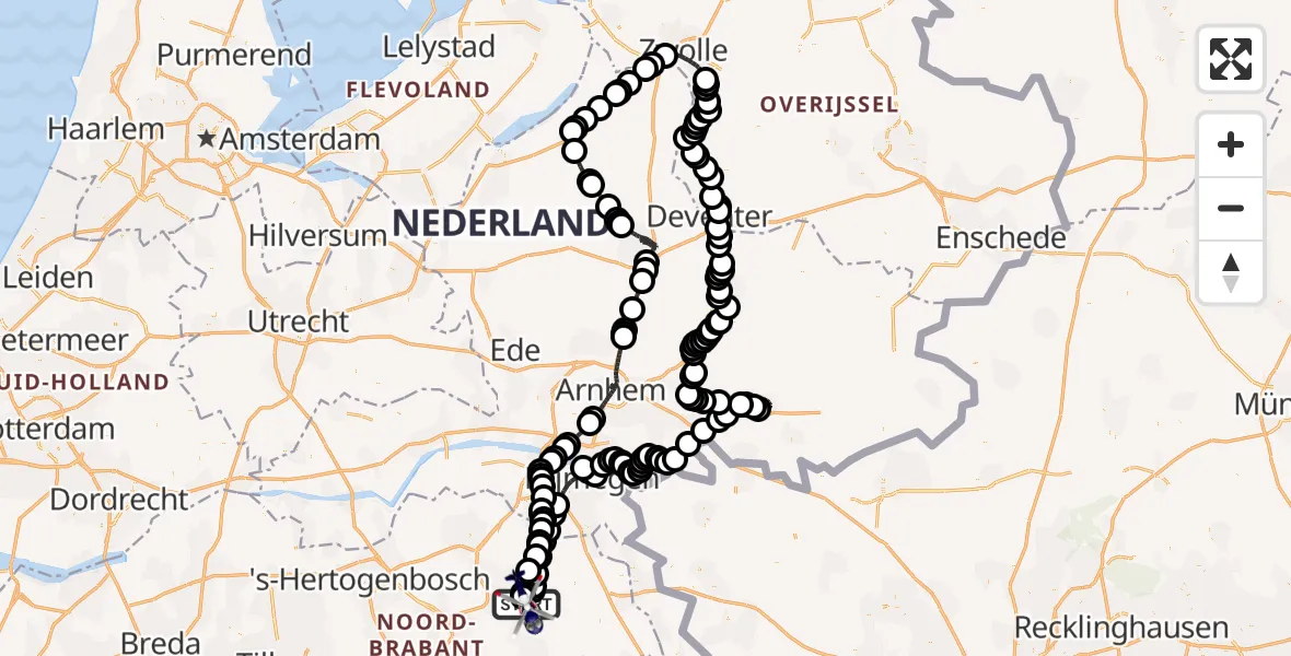 Vluchtroute Politiehelikopter van Vliegbasis Volkel naar Vliegbasis Volkel