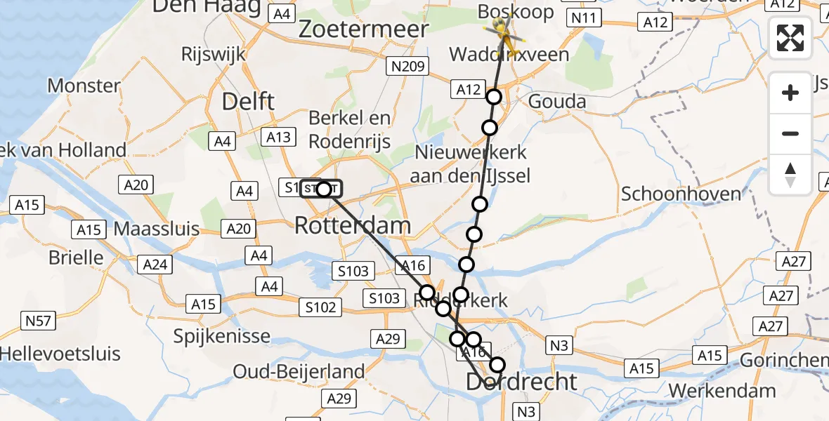 Vluchtroute Traumahelikopter van Rotterdam The Hague Airport naar Waddinxveen
