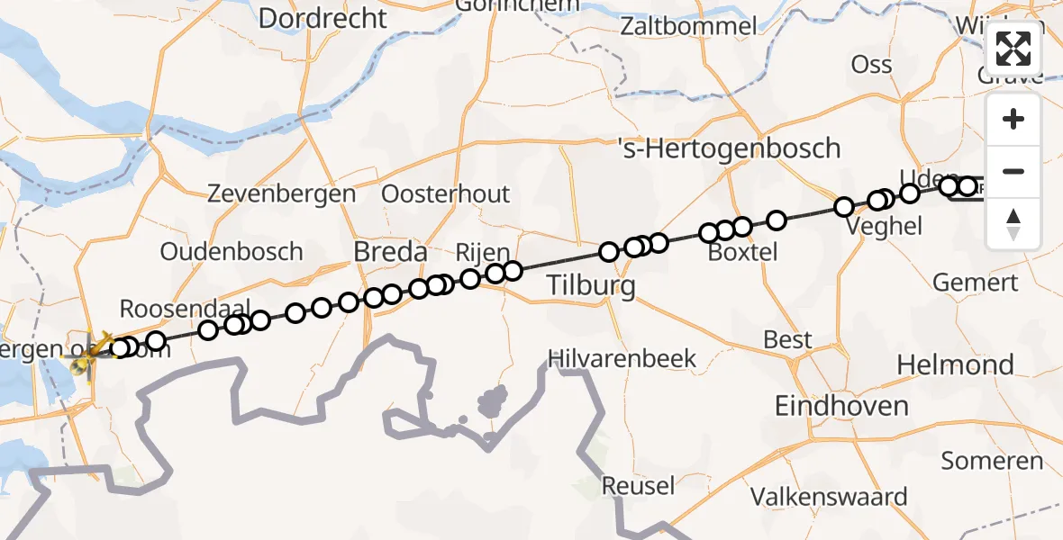 Vluchtroute Traumahelikopter van Vliegbasis Volkel naar Bergen op Zoom