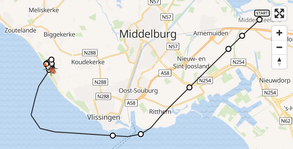 Vluchtroute Kustwachthelikopter van Vliegveld Midden-Zeeland naar Koudekerke