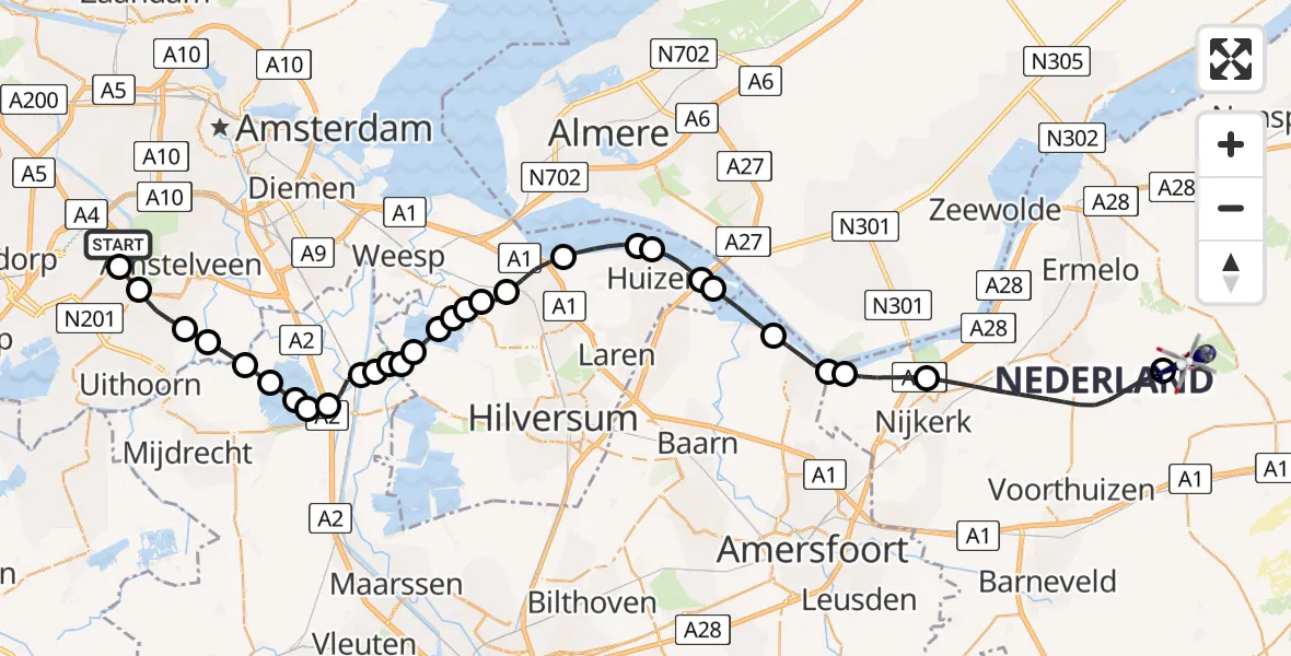 Vluchtroute Politiehelikopter van Amsterdam Vliegveld Schiphol naar Ermelo