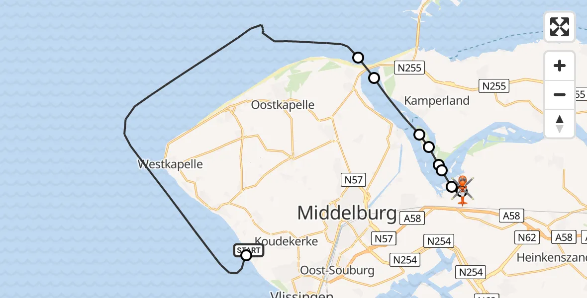 Vluchtroute Kustwachthelikopter van Koudekerke naar Vliegveld Midden-Zeeland