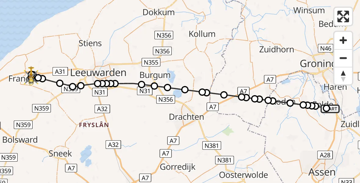 Vluchtroute Traumahelikopter van Groningen Airport Eelde naar Franeker