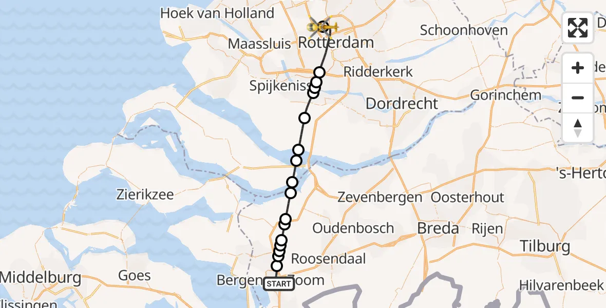 Vluchtroute Traumahelikopter van Bergen op Zoom naar Rotterdam The Hague Airport