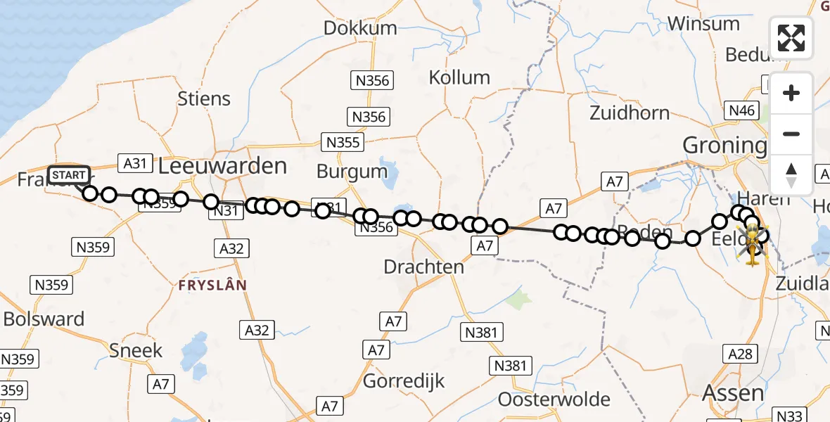 Vluchtroute Traumahelikopter van Franeker naar Groningen Airport Eelde