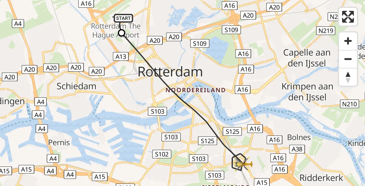 Vluchtroute Traumahelikopter van Rotterdam The Hague Airport naar Rotterdam