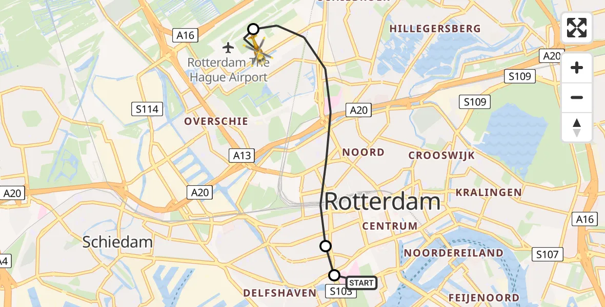 Vluchtroute Traumahelikopter van Leids Universitair Medisch Centrum (LUMC) naar Rotterdam The Hague Airport