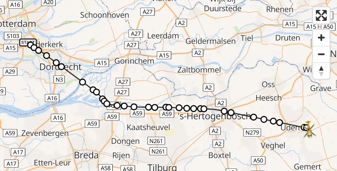 Vluchtroute Traumahelikopter van Rotterdam naar Vliegbasis Volkel