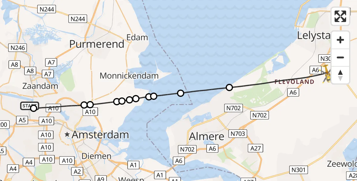 Vluchtroute Traumahelikopter van Amsterdam Heliport naar Lelystad