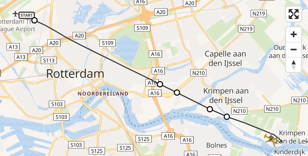 Vluchtroute Traumahelikopter van Rotterdam The Hague Airport naar Krimpen aan de Lek