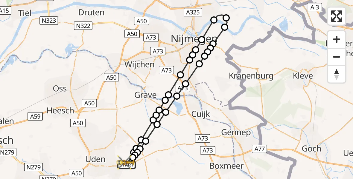 Vluchtroute Traumahelikopter van Vliegbasis Volkel naar Vliegbasis Volkel
