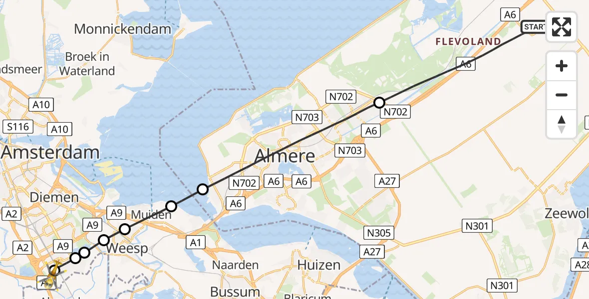 Vluchtroute Traumahelikopter van Lelystad naar Amsterdam UMC Helipad