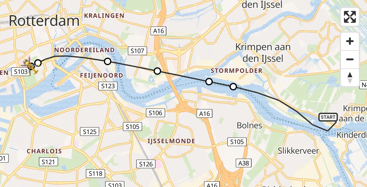 Vluchtroute Traumahelikopter van Krimpen aan de Lek naar Leids Universitair Medisch Centrum (LUMC)
