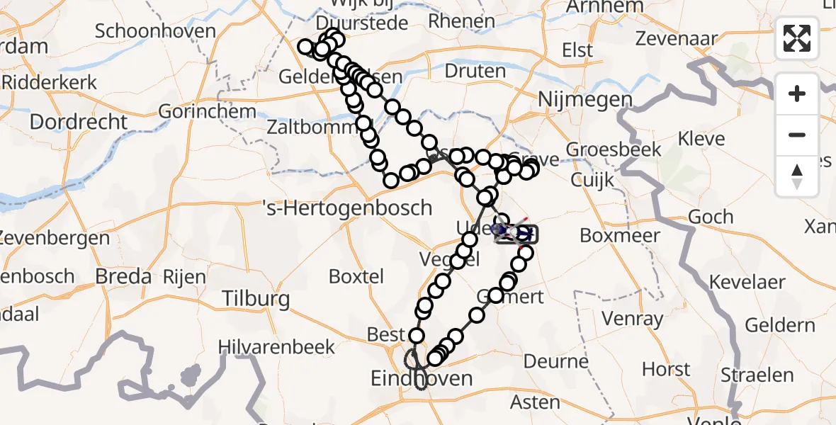 Vluchtroute Politiehelikopter van Vliegbasis Volkel naar Vliegbasis Volkel