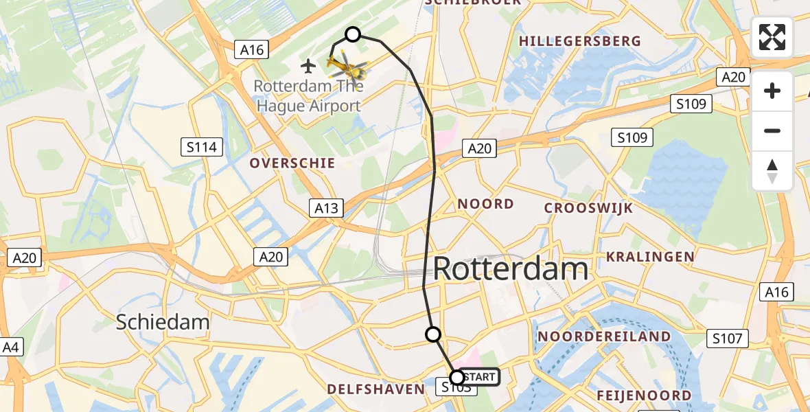 Vluchtroute Traumahelikopter van Leids Universitair Medisch Centrum (LUMC) naar Rotterdam The Hague Airport