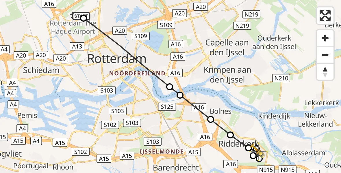 Vluchtroute Traumahelikopter van Rotterdam The Hague Airport naar Ridderkerk