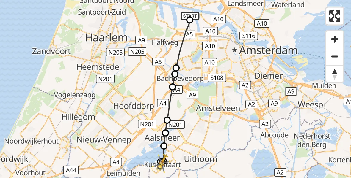 Vluchtroute Traumahelikopter van Amsterdam Heliport naar Kudelstaart