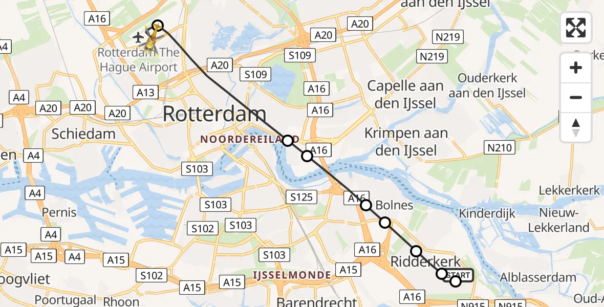 Vluchtroute Traumahelikopter van Ridderkerk naar Rotterdam The Hague Airport