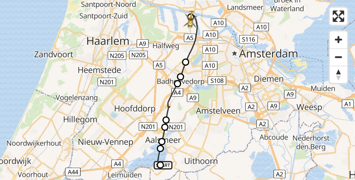 Vluchtroute Traumahelikopter van Kudelstaart naar Amsterdam Heliport