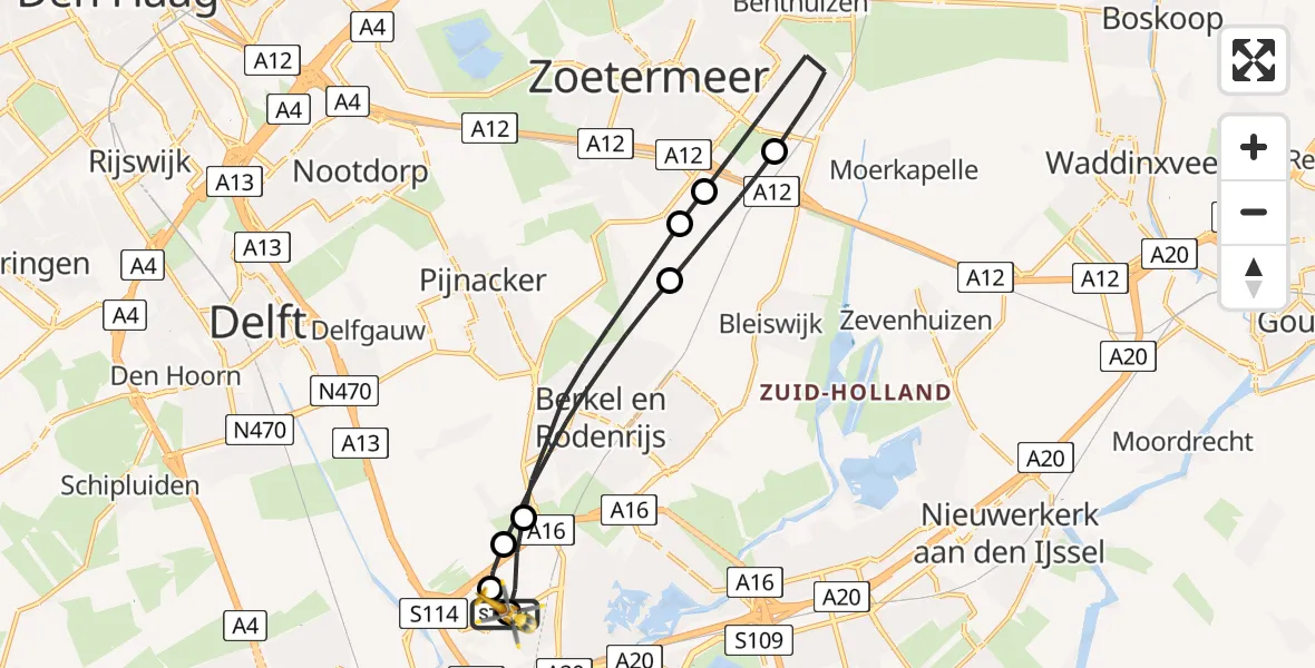 Vluchtroute Traumahelikopter van Rotterdam The Hague Airport naar Rotterdam The Hague Airport