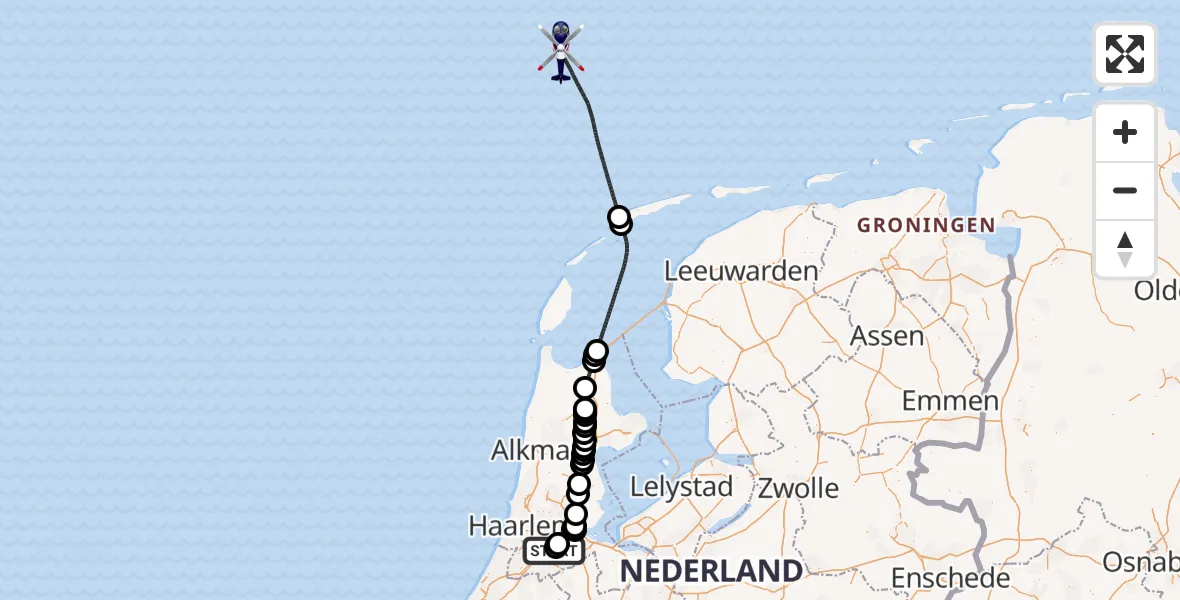 Vluchtroute Politiehelikopter van Amsterdam Vliegveld Schiphol naar Noordzee
