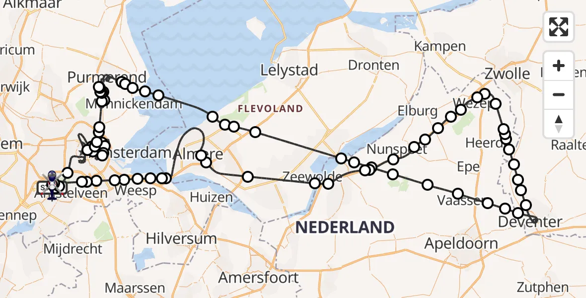 Vluchtroute Politiehelikopter van Amsterdam Vliegveld Schiphol naar Amsterdam Vliegveld Schiphol