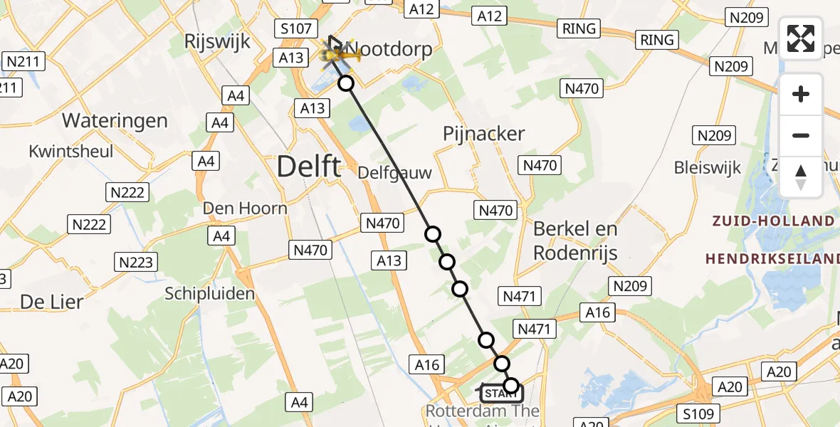 Vluchtroute Traumahelikopter van Rotterdam The Hague Airport naar Den Haag