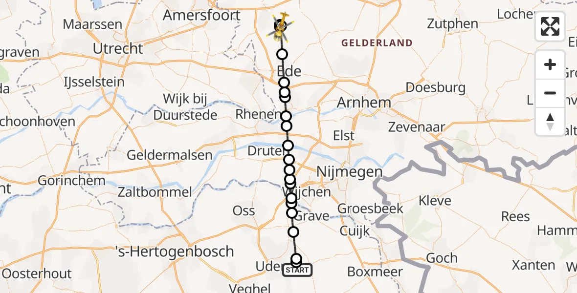 Vluchtroute Traumahelikopter van Vliegbasis Volkel naar Barneveld