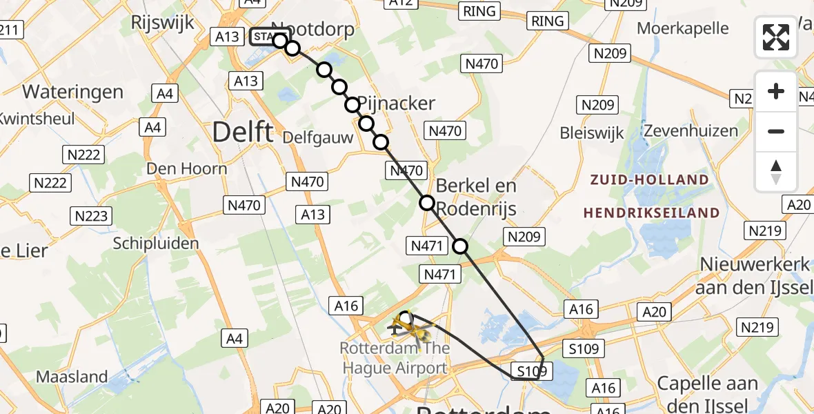 Vluchtroute Traumahelikopter van Den Haag naar Rotterdam The Hague Airport