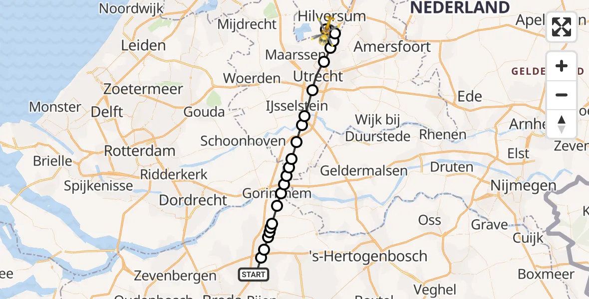Vluchtroute Traumahelikopter van Oosteind naar Vliegveld Hilversum