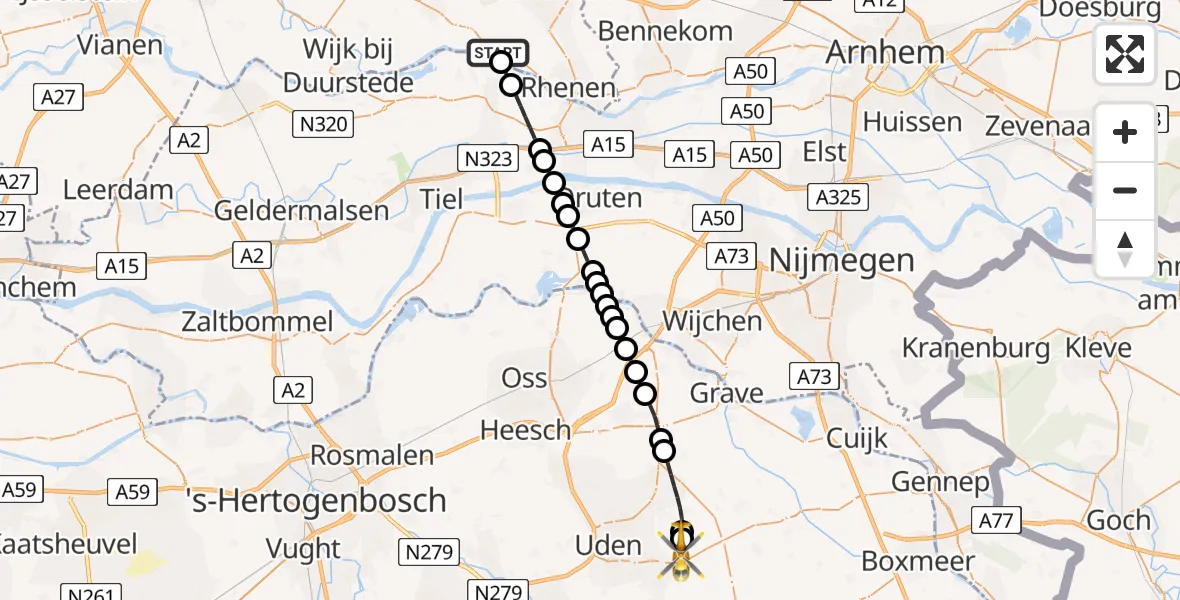 Vluchtroute Traumahelikopter van Elst naar Vliegbasis Volkel