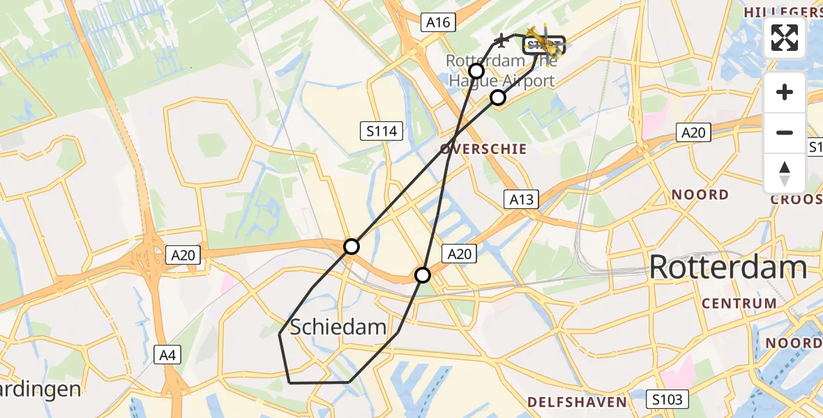 Vluchtroute Traumahelikopter van Rotterdam The Hague Airport naar Rotterdam The Hague Airport