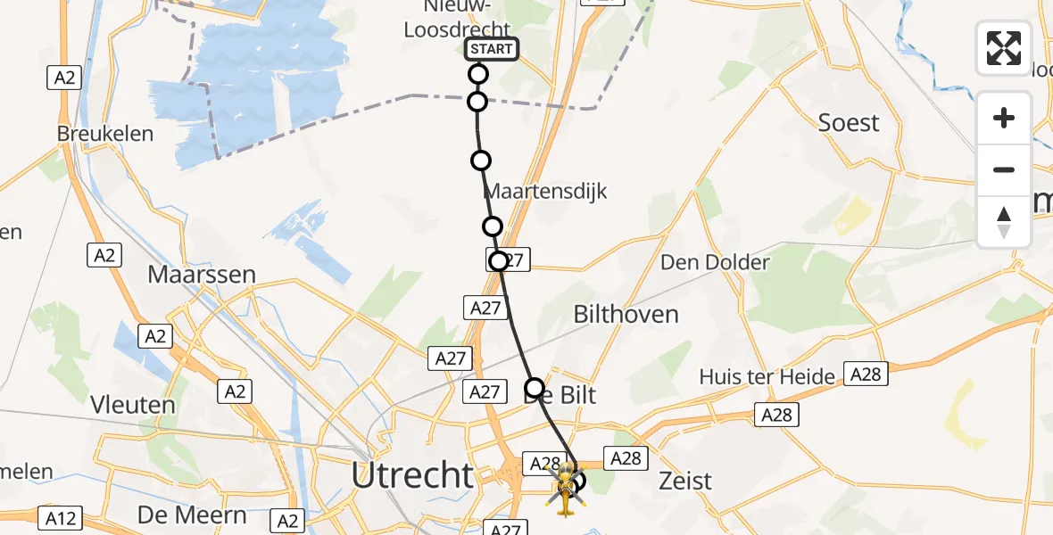 Vluchtroute Traumahelikopter van Vliegveld Hilversum naar Universitair Medisch Centrum Utrecht