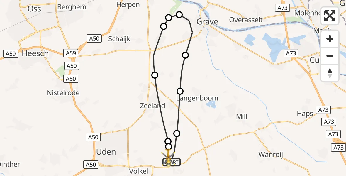 Vluchtroute Traumahelikopter van Vliegbasis Volkel naar Vliegbasis Volkel