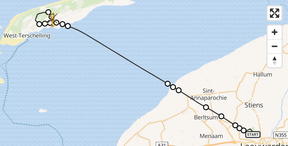 Vluchtroute Ambulancehelikopter van Vliegbasis Leeuwarden naar Terschelling Heliport
