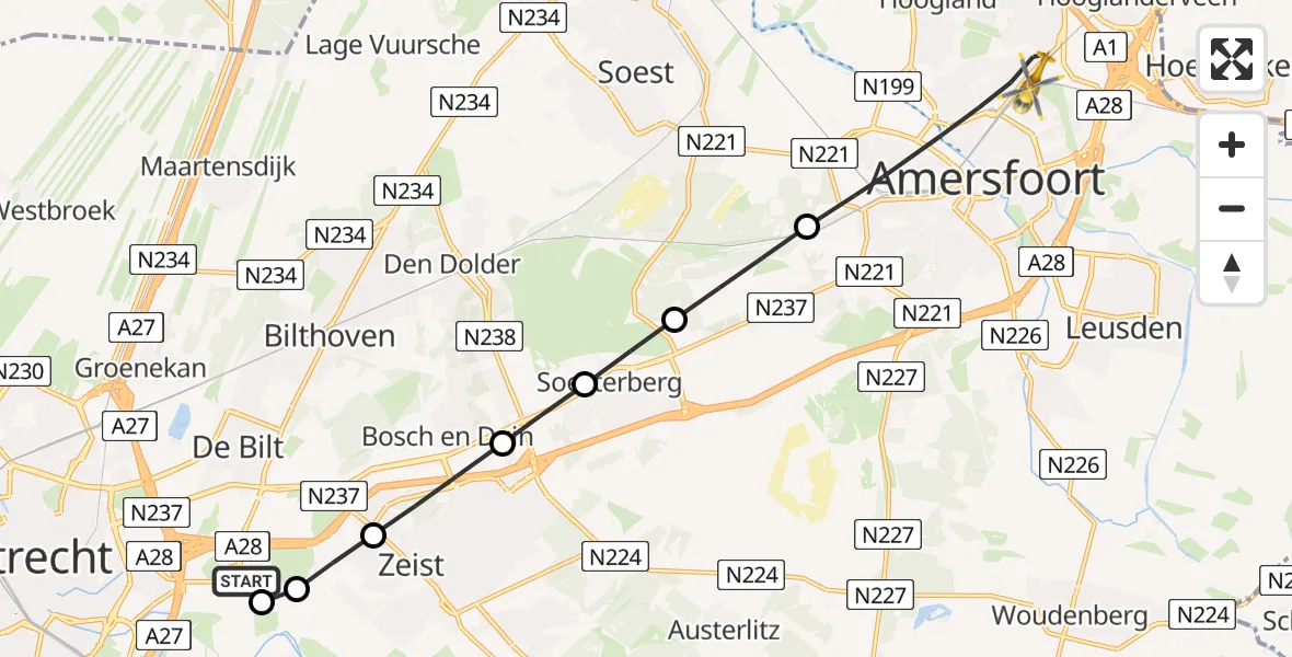 Vluchtroute Traumahelikopter van Universitair Medisch Centrum Utrecht naar Amersfoort