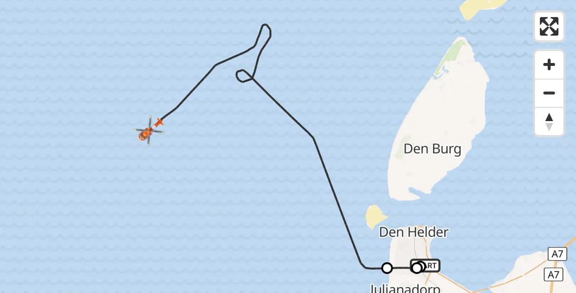 Vluchtroute Kustwachthelikopter van Militair vliegveld De Kooy / Den Helder Airport naar Noordzee