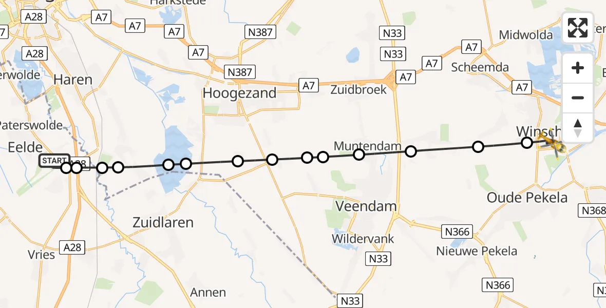 Vluchtroute Traumahelikopter van Groningen Airport Eelde naar Winschoten
