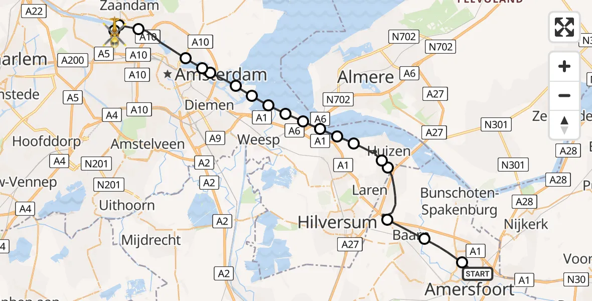 Routekaart van de vlucht: Lifeliner 1 naar Amsterdam Heliport