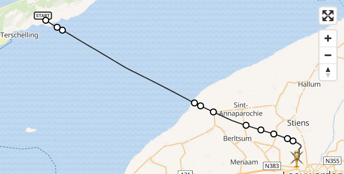 Routekaart van de vlucht: Ambulancehelikopter naar Vliegbasis Leeuwarden