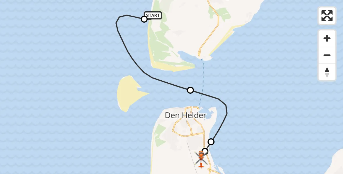 Vluchtroute Kustwachthelikopter van Den Hoorn naar Militair vliegveld De Kooy / Den Helder Airport